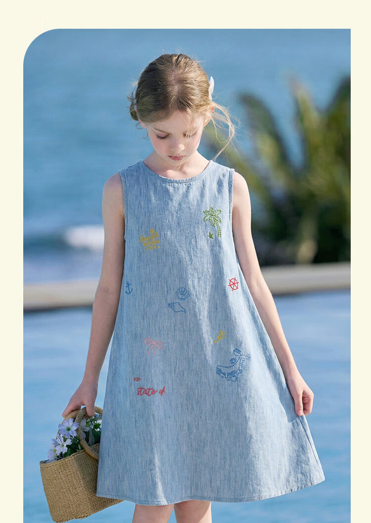 CHANZUIGOU Girls' Tencel Linen Denim Dress 2026 Summer New Elegant Printed Sleeveless Dress 19